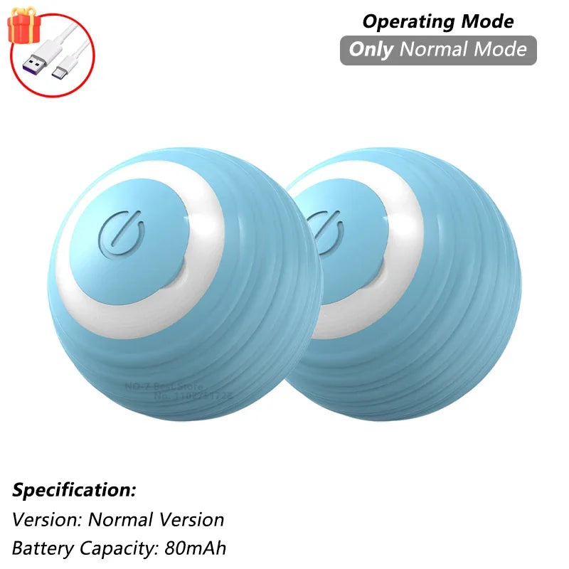 Two blue electronic balls with white accents on a white background, featuring USB charging icon and text about operating mode and specifications.