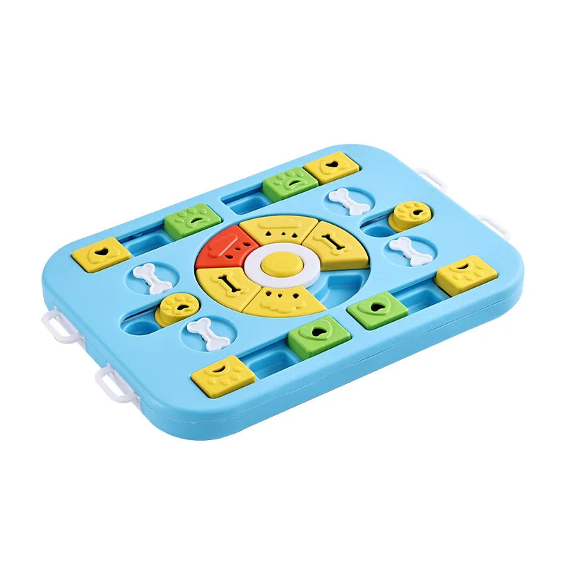 Colorful puzzle toy with various shapes and patterns on a white background