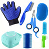 Set of grooming tools including a blue grooming glove, brush, and scissors on a white background.