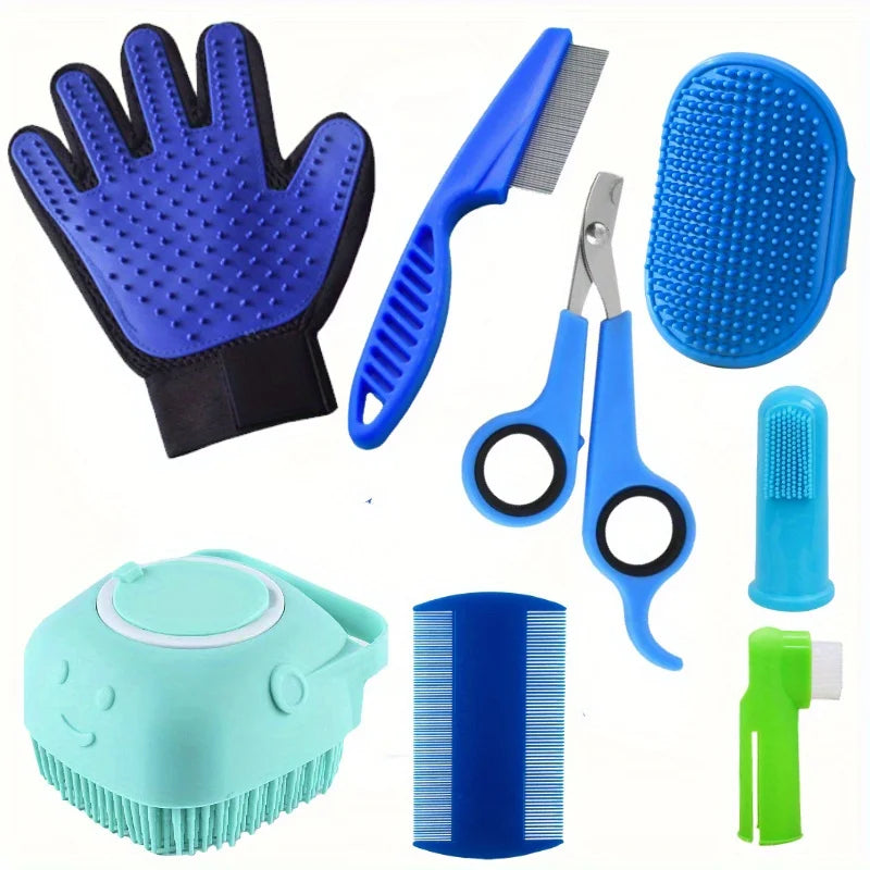Set of grooming tools including a blue grooming glove, brush, and scissors on a white background.