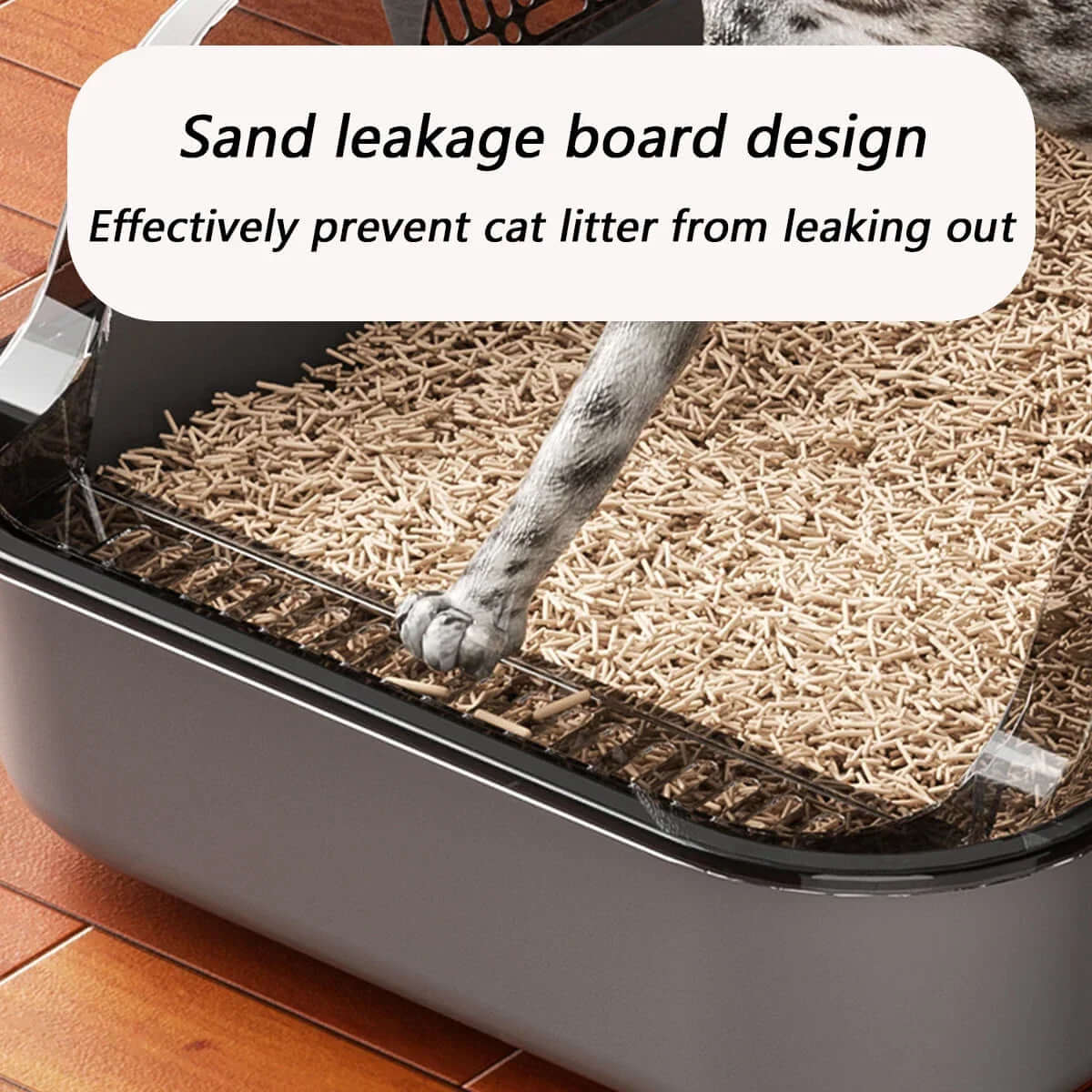 Cat litter box with sand leakage board design preventing litter from leaking out.