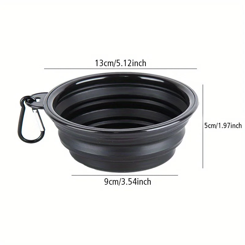 Black collapsible bowl with measurement details on a white background
