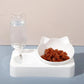 White cat-shaped bowl with pet food and a water bottle on a light blue surface.