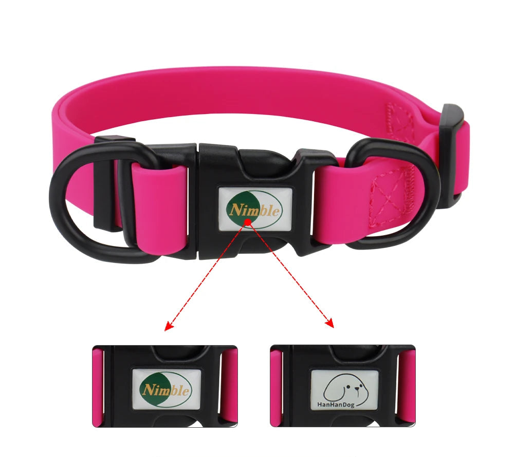 Pink dog collar with black buckle and Nimble brand logo on a white background