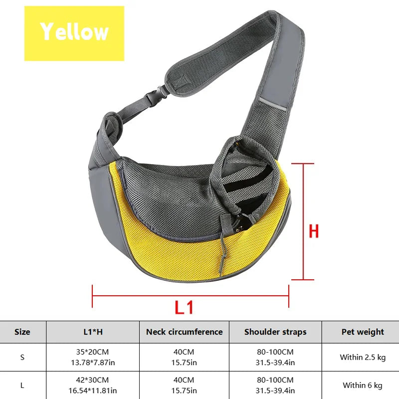Yellow and gray pet sling with measurements and size chart on a white background
