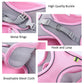 Collage of pink and gray dog harness with labeled features on a white background