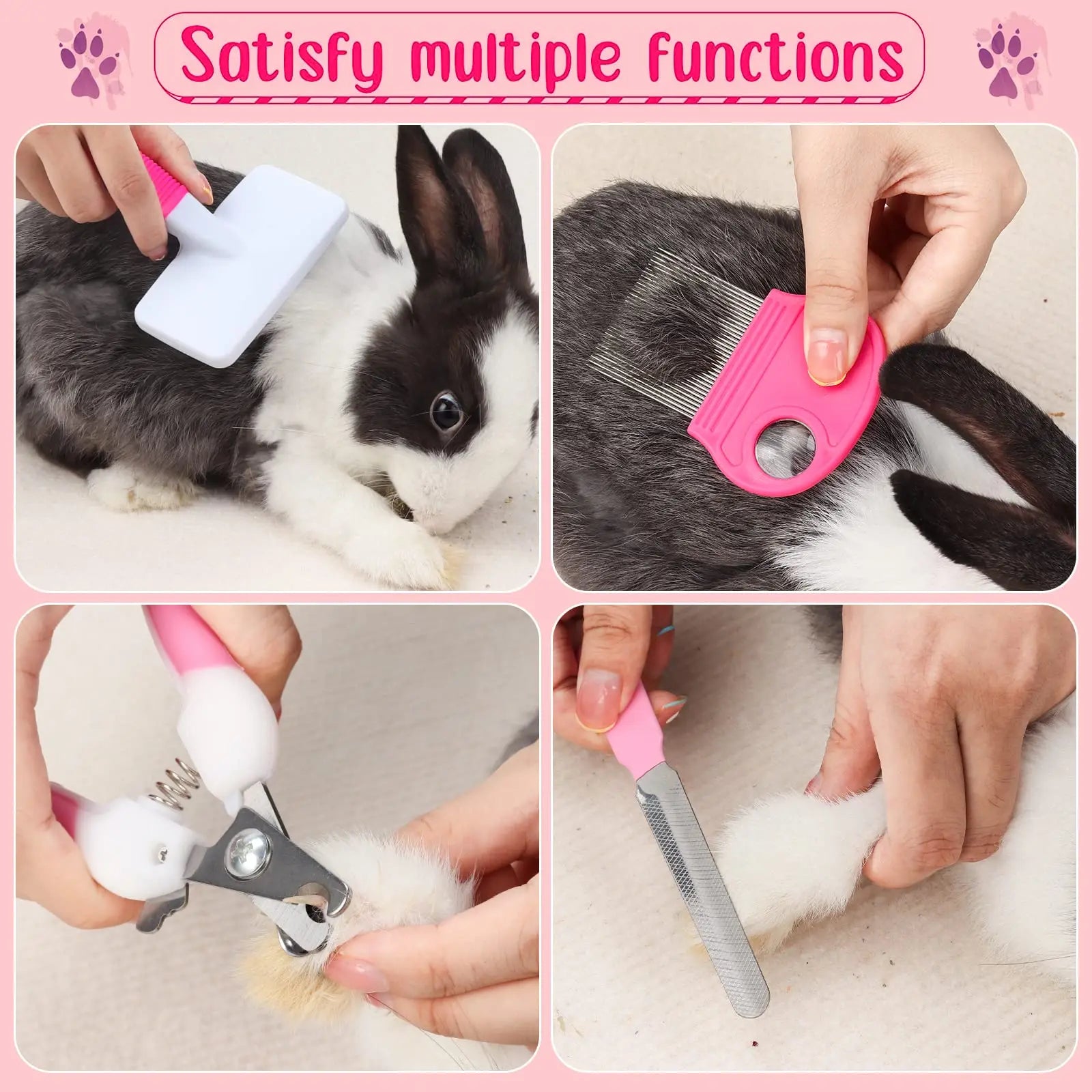 Pet grooming tools being used on a rabbit with text 'Satisfy multiple functions' on a pink border.