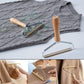 Two fabric shaver tools on a gray textured surface with close-up shots of use on clothing.