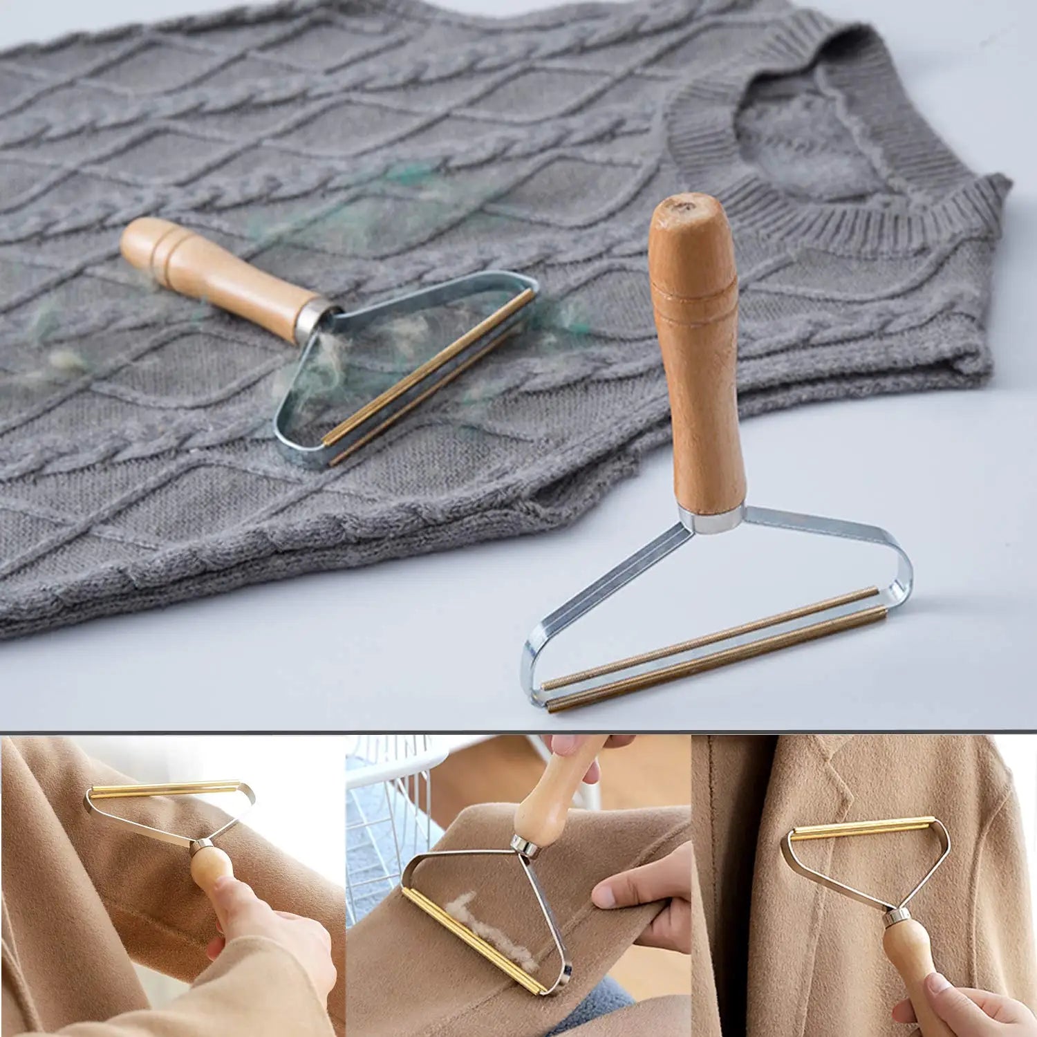 Two fabric shaver tools on a gray textured surface with close-up shots of use on clothing.