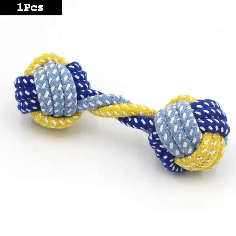 Blue and yellow rope dog toy on a white background