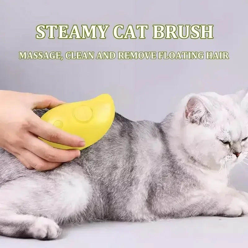 Cat being groomed with a yellow steamy cat brush on a light gray background