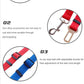 Product details of colorful seat belts with adjustable buckles on a white background.