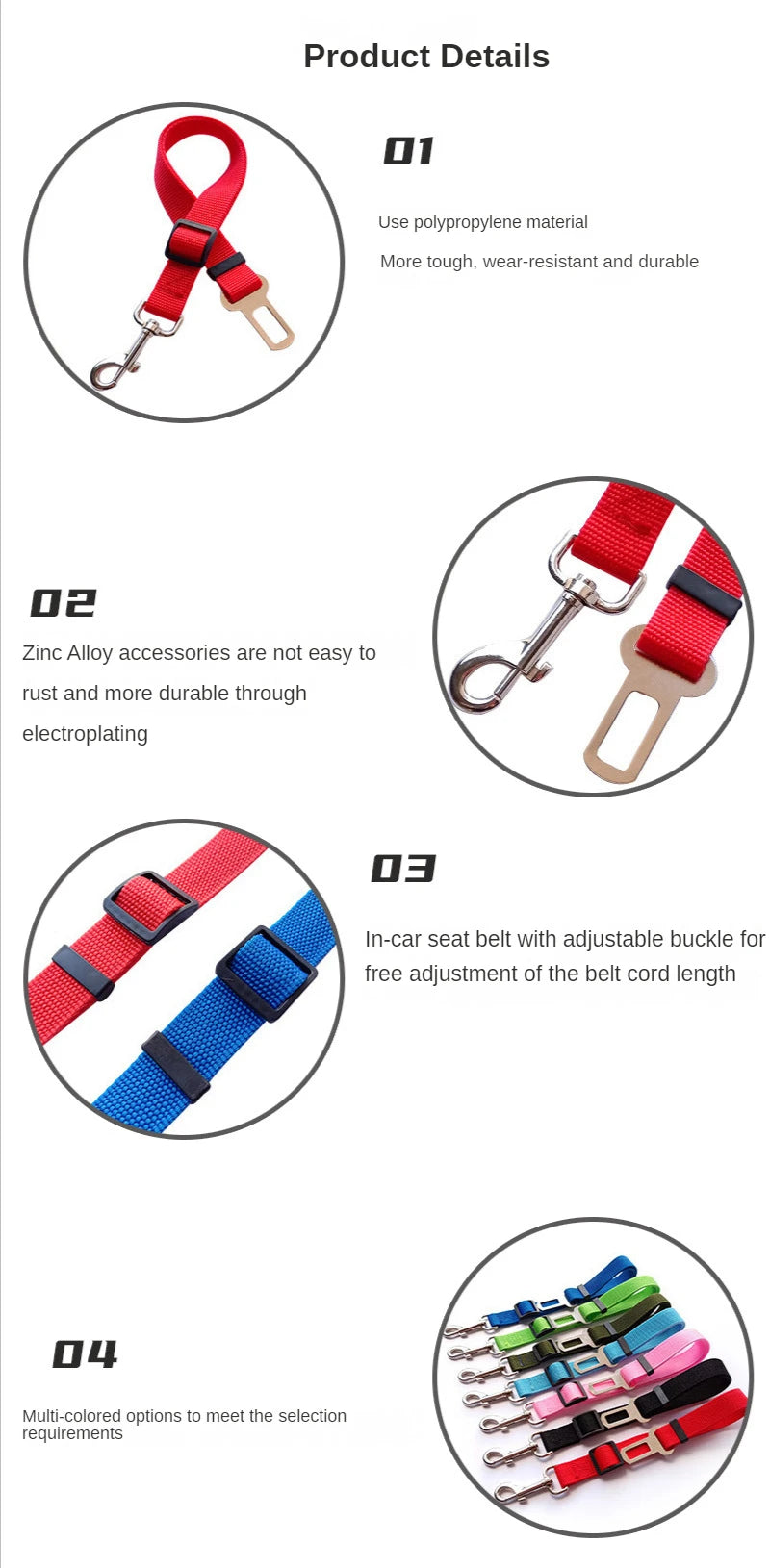Product details of colorful seat belts with adjustable buckles on a white background.