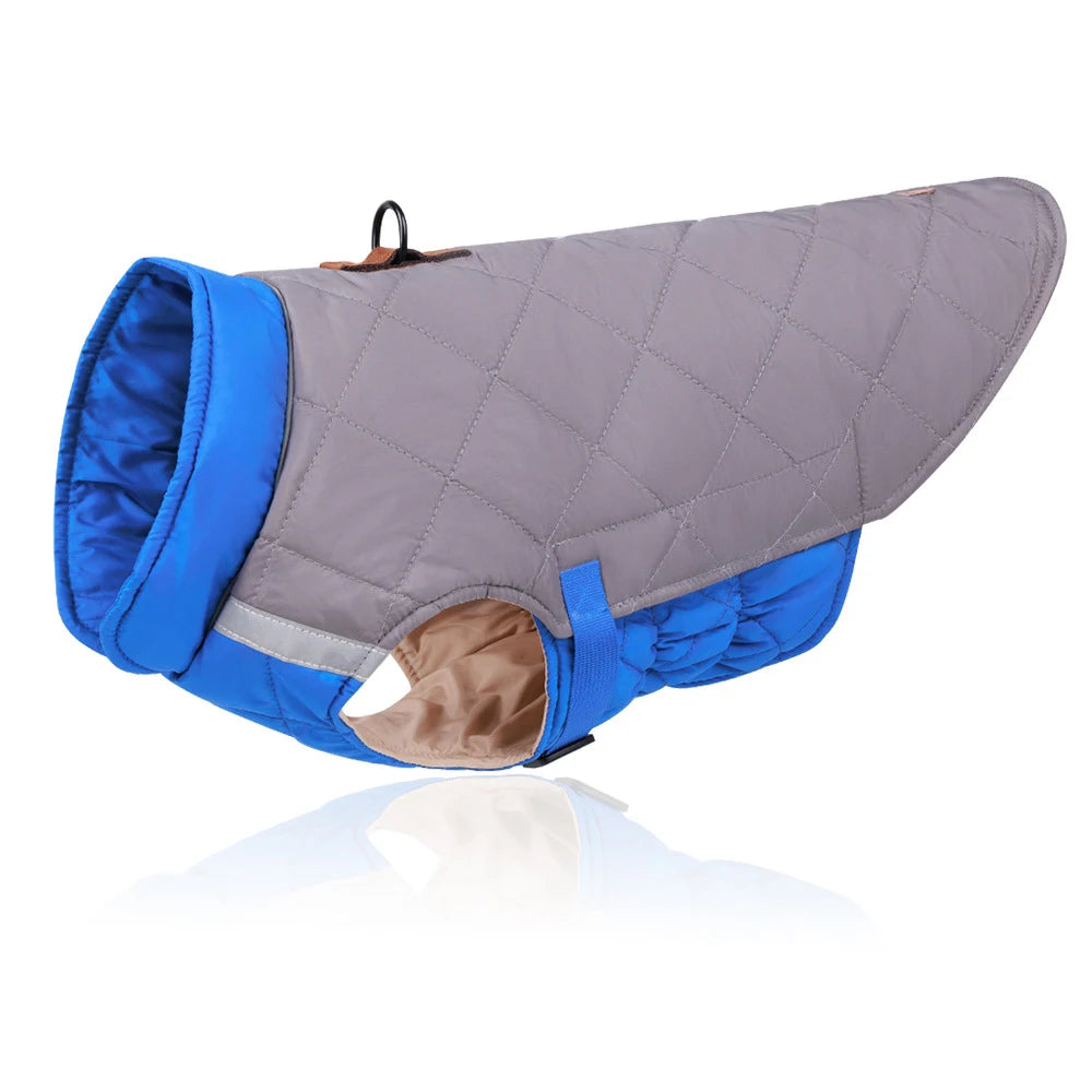 Gray and blue quilted dog coat on a white background