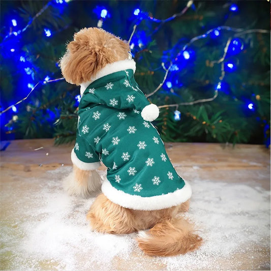 Dog wearing a green snowflake-patterned coat in front of a decorated Christmas tree.