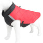 Red quilted dog coat with black trim on a white background