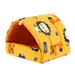 Yellow pet bed with lion pattern on a white background