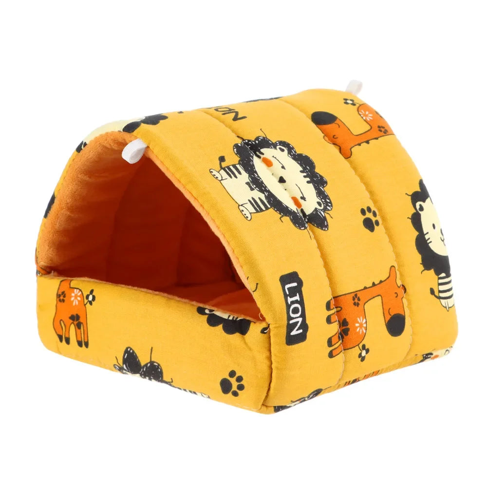 Yellow pet bed with lion pattern on a white background