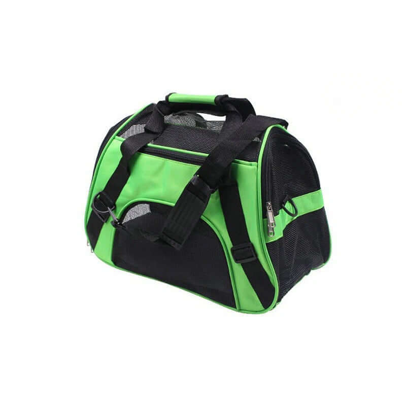 Black and green pet carrier on a white background