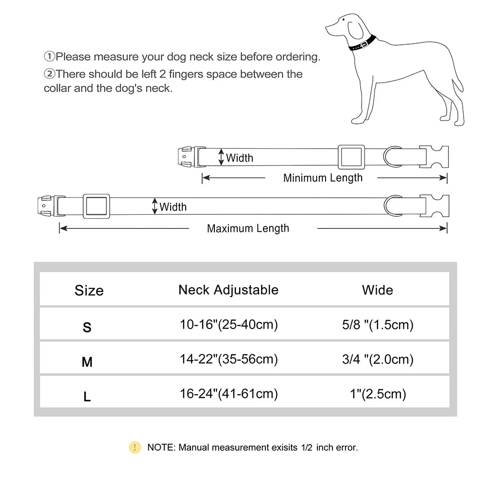 Dog collar measurement chart with diagram and size guide.