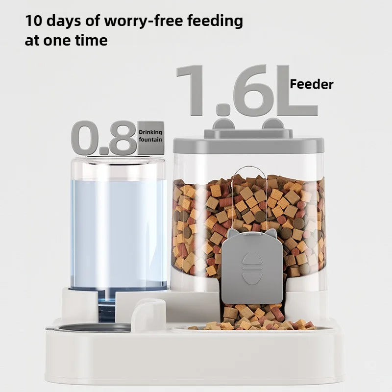 Pet feeder and water dispenser with text indicating capacity and benefits on a white background