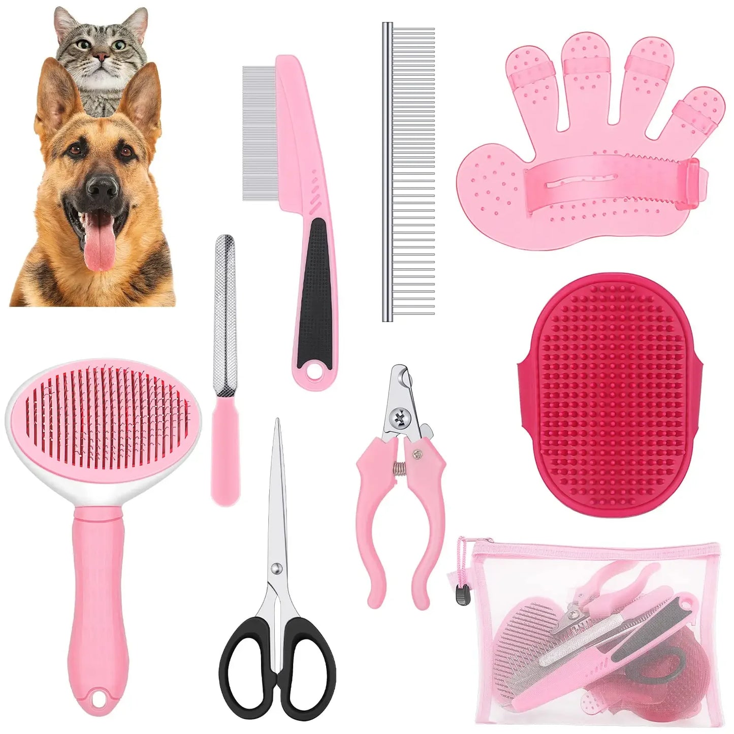 Collection of pet grooming tools including brushes, scissors, and nail clippers on a white background.