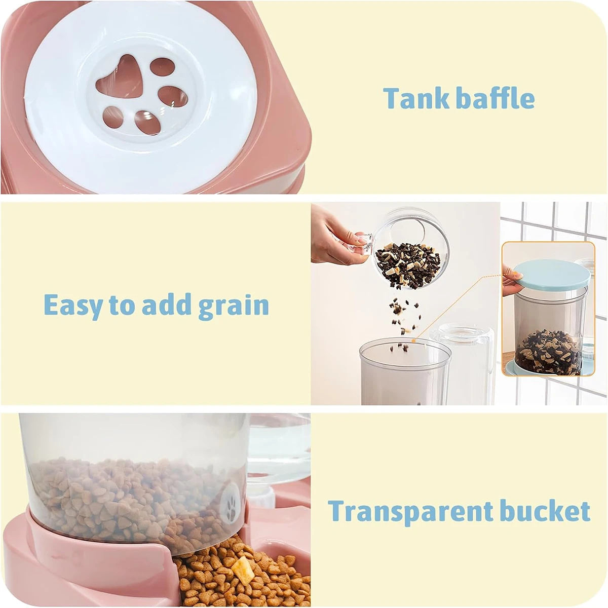Pet food dispenser with tank baffle, easy grain addition, and transparent bucket features.