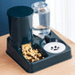 Pet feeding station with water dispenser and food tray on a wooden surface.