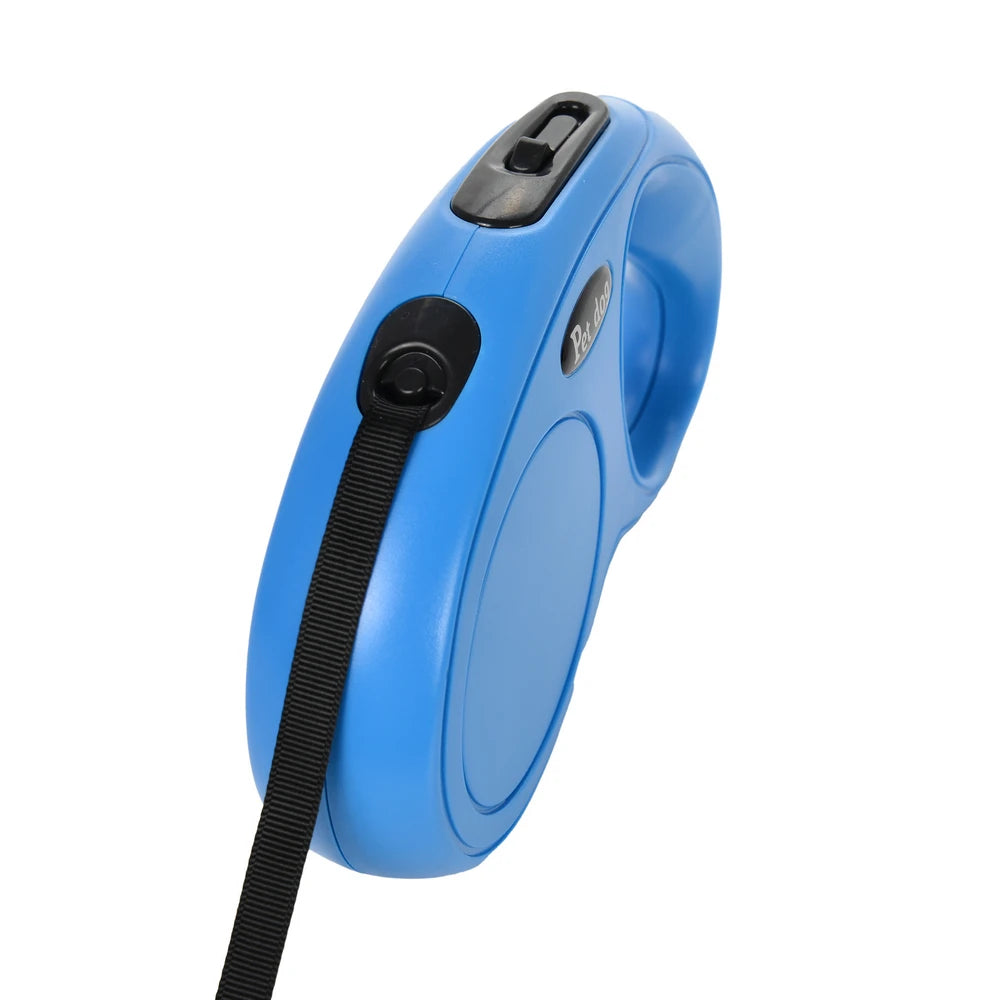 Blue retractable dog leash on a white background