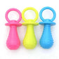 Three colorful baby teething toys on a white background