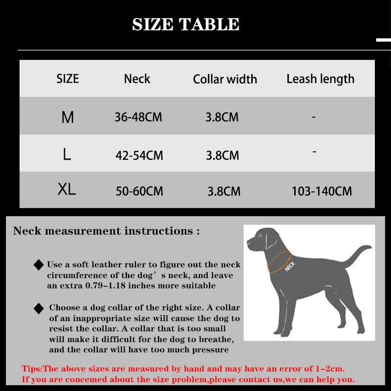 Dog collar size chart with measurements and instructions.