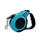 Blue and black retractable dog leash on a white background
