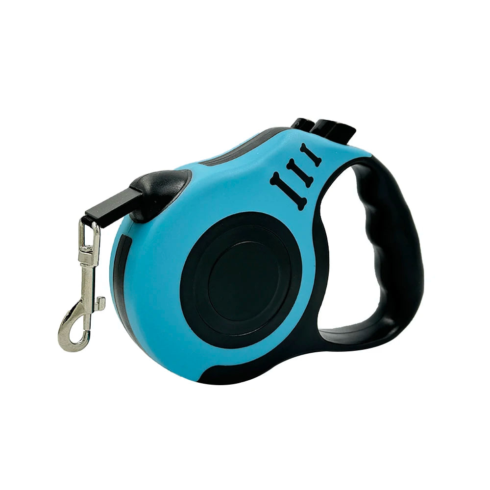 Blue and black retractable dog leash on a white background