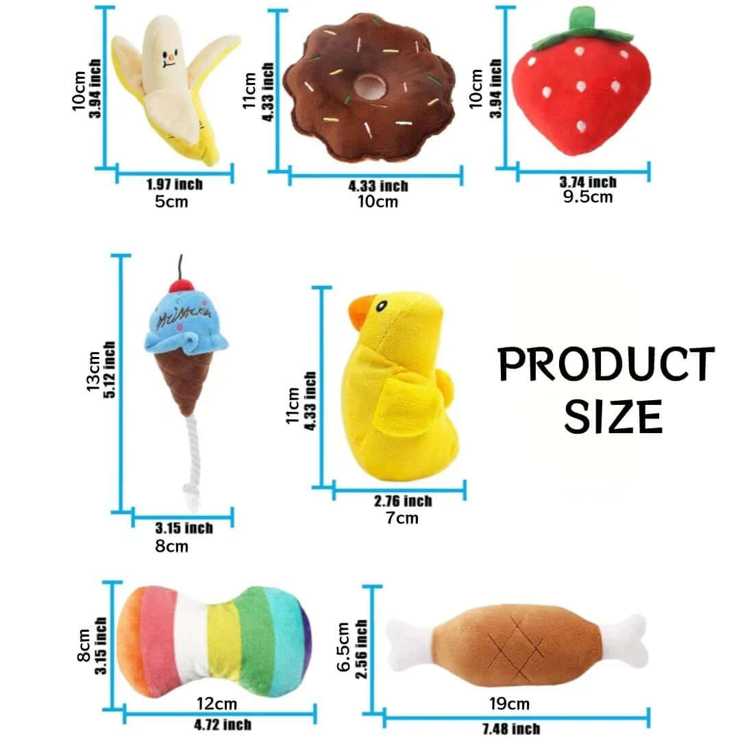 Measurement chart of various small toys with dimensions labeled.