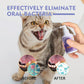 Cat with open mouth, hand holding a bottle labeled 'Effectively Eliminate Oral Bacteria', before and after images of dental care.