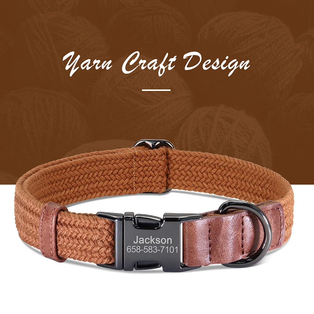 Brown woven dog collar with leather accents and engraved nameplate on a brown background with yarn balls.