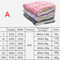 Stack of colorful pet blankets with size chart on a white background