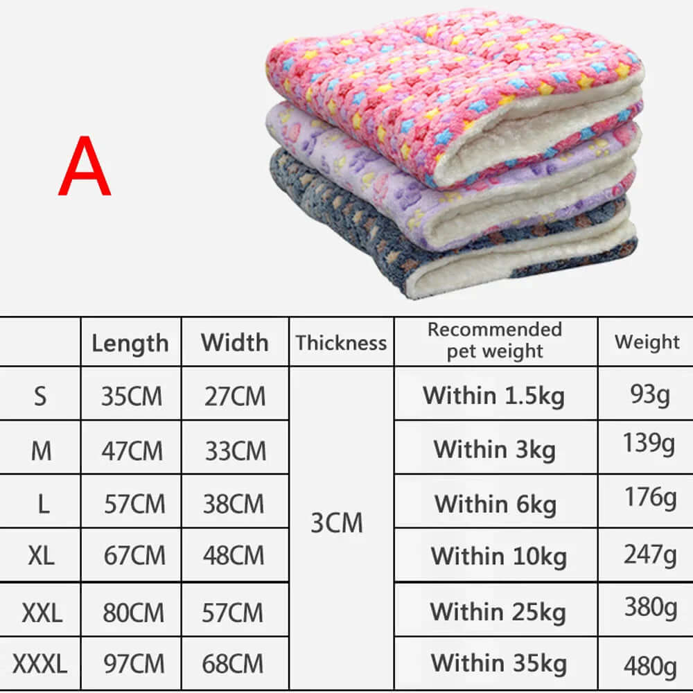 Stack of colorful pet blankets with size chart on a white background