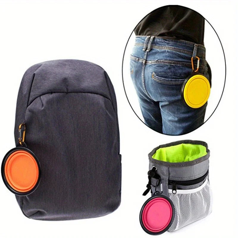 Gray backpack with orange and pink drink holders, inset showing a yellow holder on jeans.