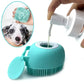 Teal pet grooming tool with a close-up of a dog's face and a hand pouring liquid into the tool.