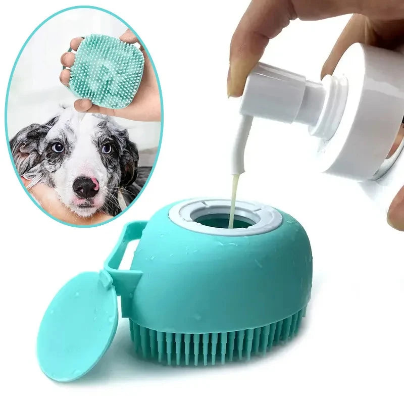 Teal pet grooming tool with a close-up of a dog's face and a hand pouring liquid into the tool.