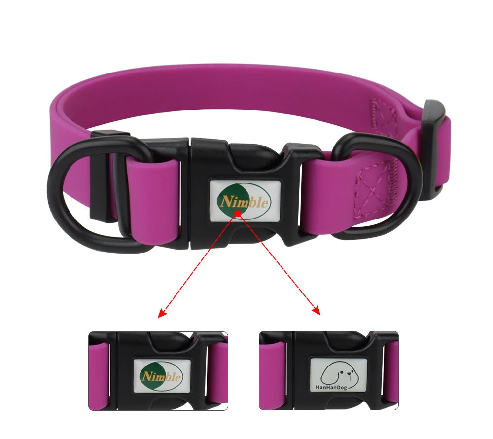 Purple dog collar with black buckle and Nimble logo on a white background