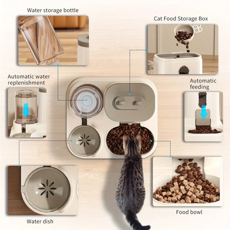 Cat feeding and water system with various components on a light background