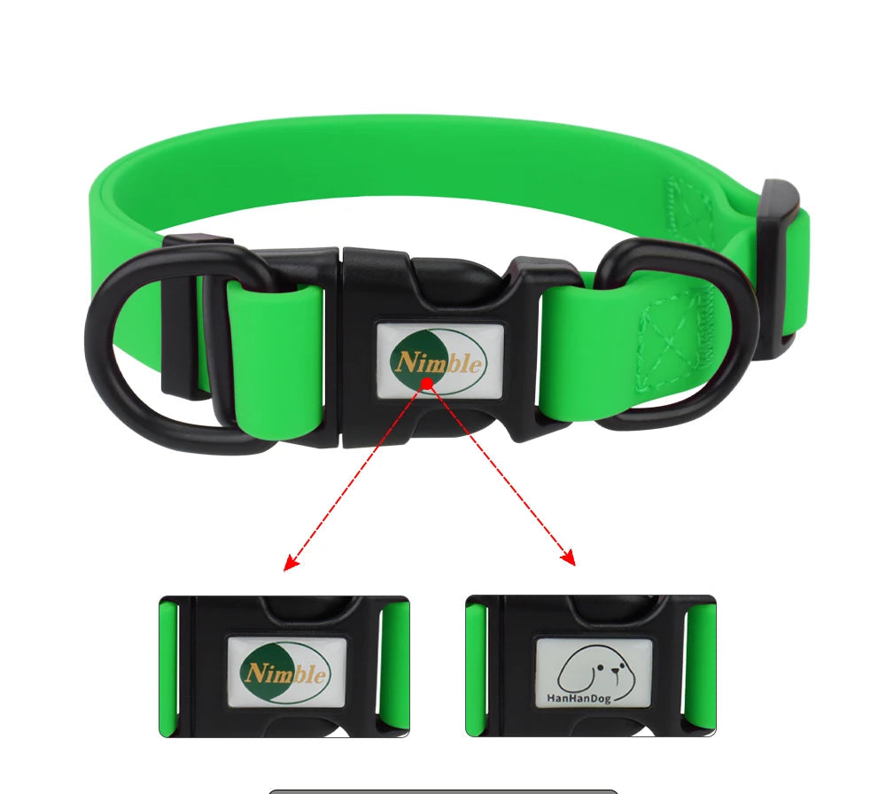 Green dog collar with black buckle on a white background, featuring the Nimble brand.