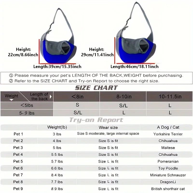 Pet carrier size chart with measurements and weight guidelines