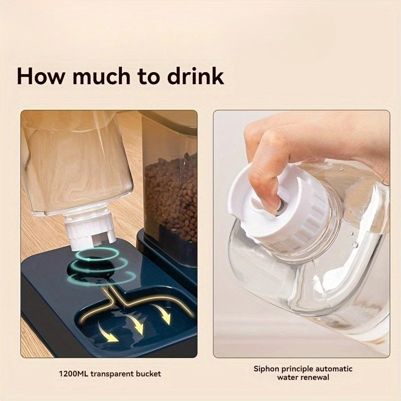 Transparent bucket with siphon principle for automatic water renewal, shown with a hand and text 'How much to drink'.