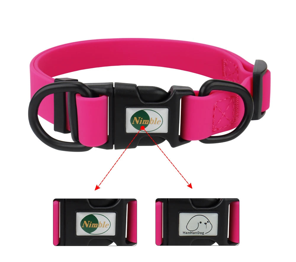 Pink dog collar with black buckle and 'Nimble' logo on a white background