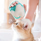 Person using a pet cleaning brush with a cat drinking milk from a bottle.