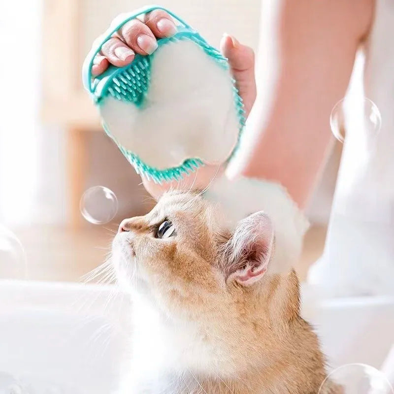Person using a pet cleaning brush with a cat drinking milk from a bottle.