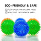 Three spiky balls in green, blue, and orange on a white background with text about eco-friendliness and safety.